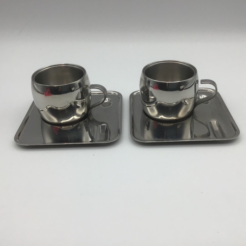 Set of 2 Vintage Tramontina Espresso Cups & Saucers 18/8 Stainless marked Brazil